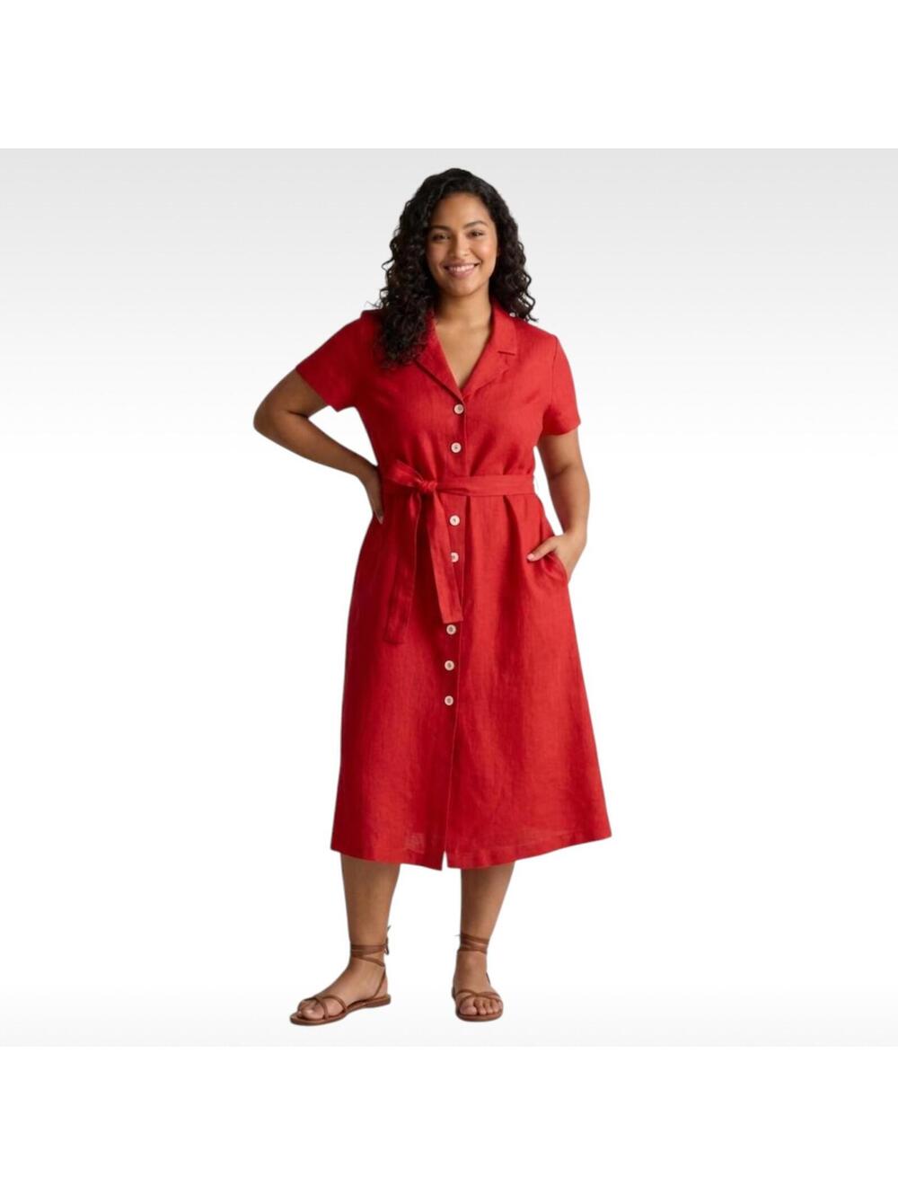 Quince 100% European Linen Button Front Midi Dress with Pockets XL Red - NWOT